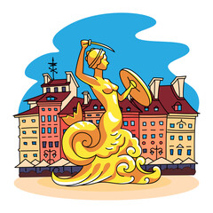 Vector color icon Syrenka or Mermaid of Warsaw, Old Town Market Square, Poland. Polish landmark set - 744763236