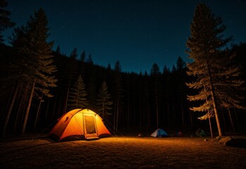 Relaxing in a tent under the stars in the forest.   - obrazy, fototapety, plakaty