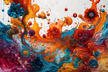 Striking HD image showcasing the fusion of colorful liquids in a modern artwork, accented by...