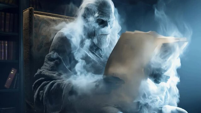 A man dressed in a ghost costume reading a book. Suitable for Halloween-themed projects.