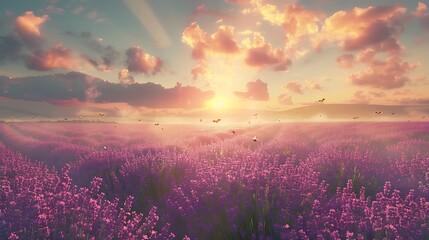 A sun-drenched field of lavender stretching out towards the horizon, its vibrant purple blooms dancing in the breeze. Bees flit from flower to flower, collecting nectar to make their sweet honey. - obrazy, fototapety, plakaty