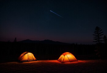 Relaxing in a tent under the stars in the forest.   - obrazy, fototapety, plakaty