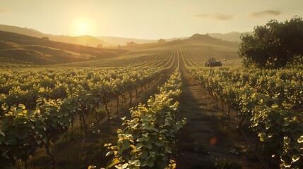 A sun-drenched vineyard nestled in the rolling hills of wine country, where rows of grapevines...