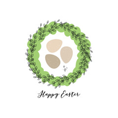 Greeting card Eggs in wreath Happy Easter
