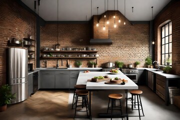 An industrial chic kitchen with exposed brick walls, concrete countertops, and metallic accents. A stylish and urban cooking haven