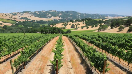 Fototapeta na wymiar A sun-drenched vineyard nestled in the rolling hills of wine country, where rows of grapevines stretch towards the horizon in neat, orderly rows. The air is alive with the sounds of buzzing insects 