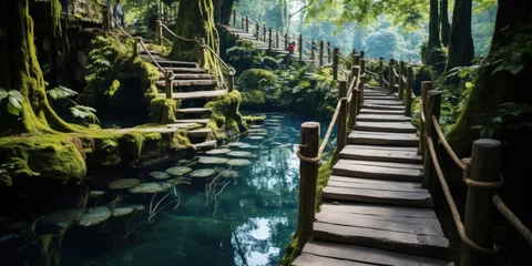 Papier Peint photo Rivière forestière A wooden bridge extends over a flowing river amid lush green trees in a serene forest setting