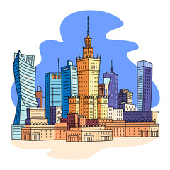Vector color icon of Palace of Culture and Science in Warsaw, Poland. Polish landmark set
