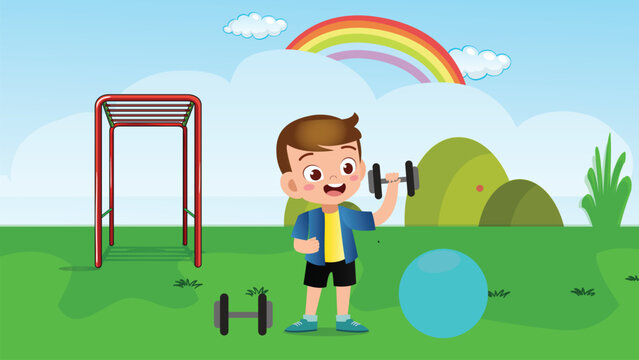 Illustration of a boy standing in the middle of the park on a Sky background