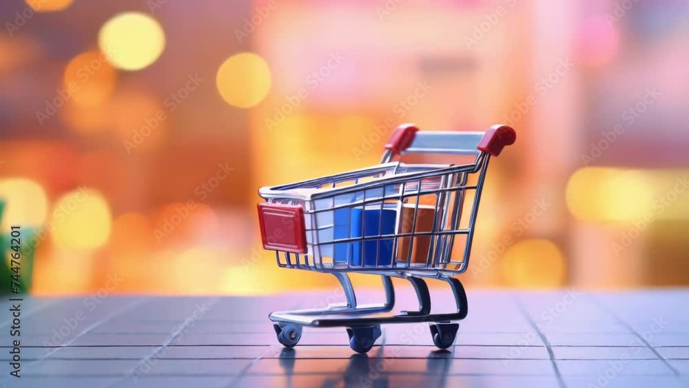 Poster miniature shopping cart placed on top of a laptop, suitable for e-commerce concepts.