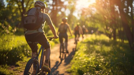 Family cycling in countryside at sunset, active lifestyle, recreation