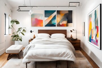 An art lover's bedroom with gallery-style white walls, track lighting to highlight artwork, and minimalist furnishings that allow the art to take center stage