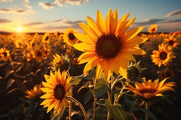 A field of sunflowers under a setting sun in the background