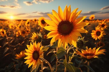 Obraz premium A field of sunflowers under a setting sun in the background