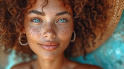  a close up of a woman with freckles on her head and freckles on her face with freckles on her face and freckles on her head.