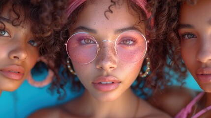 Obraz premium three beautiful young women with pink hair and pink eyeliners, one wearing round glasses and the other wearing round pink eyeliners and the other wearing pink.