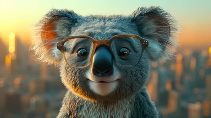 Fotobehang An endearing cartoon koala sporting oversized glasses, giving it an extra dose of cuteness as it g © Jūlija