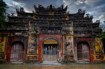 Finely decorated triple door inside the Forbidden Citadel in Hue, Vietnam