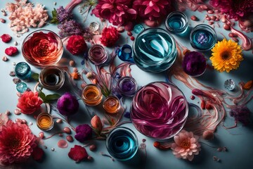A crystal-clear image presenting the beauty of colorful liquids intertwining in an elegant manner,...