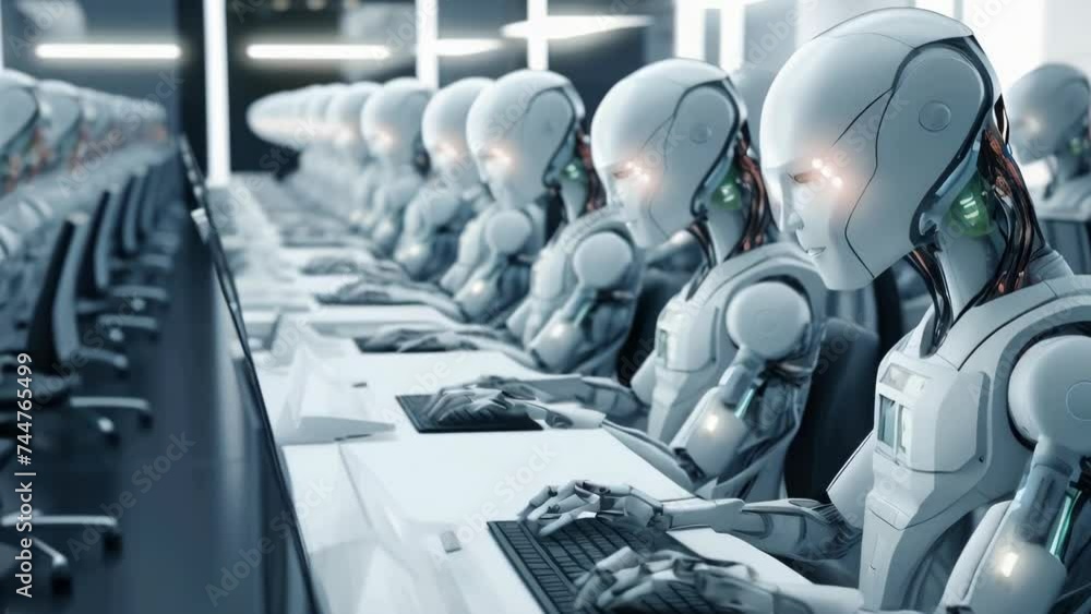 Aufkleber Group of robots sitting at a desk with computers. Perfect for technology and artificial intelligence concepts.