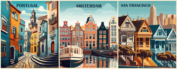Set of Travel Destination Posters in retro style. Portugal, Amsterdam, Netherlands, San Francisco, USA prints. International summer vacation, holidays concept. Vintage vector colorful illustrations.