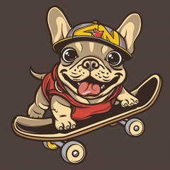Cartoon logo of a French Bulldog skateboarding, animal, dog, cartoon, bulldog, french, pet, cute, puppy, pig, french bulldog, white, illustration, isolated, mammal, vector, funny, cat, canine, happy, 