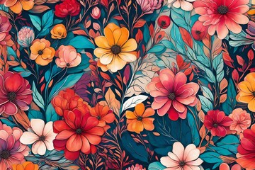 An eye-catching illustration capturing the vivid interaction of liquid hues against a sleek, modern canvas, with subtle flower motifs adding a delightful touch to the overall composition - obrazy, fototapety, plakaty