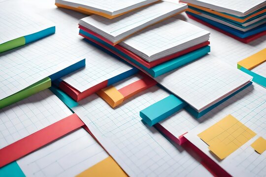 A realistic HD image of a colorful minimalistic illustration featuring a stack of graph paper pads with colorful edges