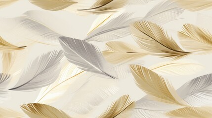 a luxurious gold background, enhanced by the interplay of light gray and beige hues, with particular attention to the texture of fur and feathers. SEAMLESS PATTERN.