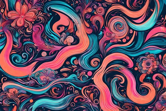 A sleek and modern illustration of swirling neon-colored liquids merging gracefully against a clean backdrop adorned with subtle flower motifs
