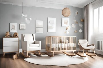 A modern baby room with minimalist decor, clean lines, and a comfortable rocking chair for those late-night cuddles. Simplicity meets functionality