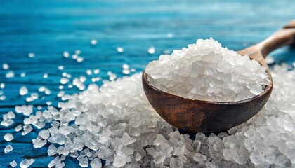 crystals of sea salt on a blue background