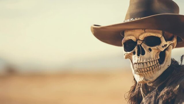 A skeleton dressed in western attire. Perfect for Halloween decorations.