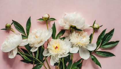 flat lay with white peonies flowers and green leaves on pastel pink color background