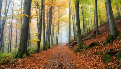 path through the autumn beech forest in foggy weather