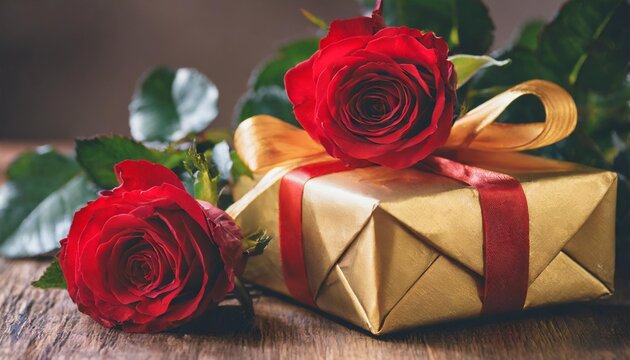 red roses and golden gift with ribbon award winning studio photography professional color grading soft shadows no contrast clean sharp focus