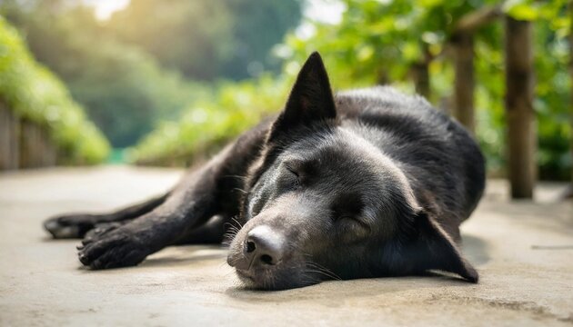 black dog sleeping on cement floor closeup of photo with selective focus