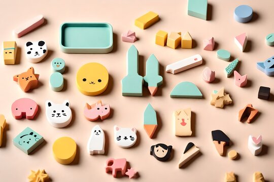 A playful set of minimalistic erasers in various shapes and colors, featuring cute illustrations