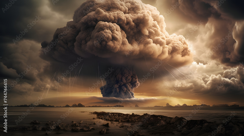 Poster nuclear explosion against a background with clouds and lightning