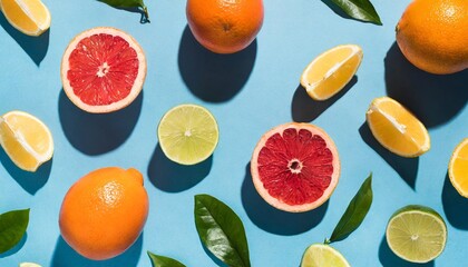 flat lay pattern with summer citrus fruit on blue background minimal concept with sharp shadows trendy social mockup or wallpaper
