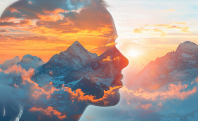 Elevated Unity: Woman's Face Over Sunset Mountains in Double Exposure