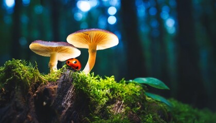 glowing mushrooms fungus on tree stump in dark forest with ladybug closeup low key magic nature macro background soft focus - obrazy, fototapety, plakaty
