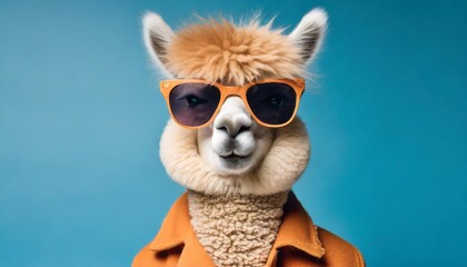 a studio portrait of a funky hipster alpaca wearing a jacket sunglasses on a seamless blue colored solid colored background - obrazy, fototapety, plakaty