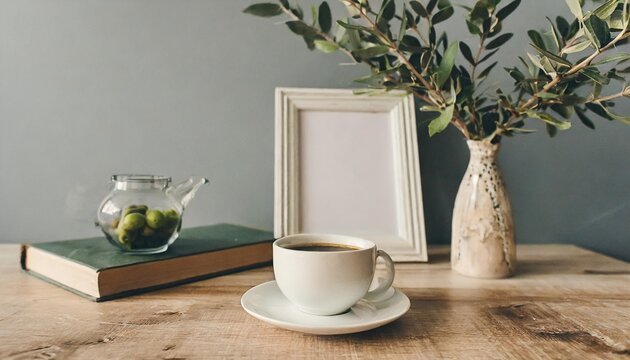 breakfast still life cup of coffee books and empty picture frame mockup on wooden desk table vase with olive branches elegant working space home office concept scandinavian interior design