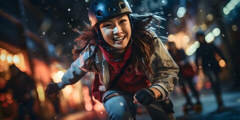 A diverse group of girls skateboarding together under city lights at night. Concept Nighttime Skateboarding, Street Style, Urban Lifestyle, Active Girls, Cultural Diversity