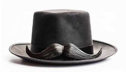 ancient bowler hat with black curly moustache isolated on white - obrazy, fototapety, plakaty