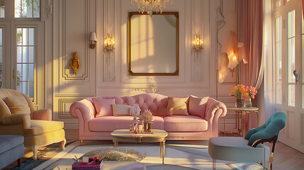 Living room bathed in warm, golden light, creating a cozy and inviting atmosphere with pastel-colored accents.
