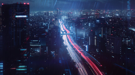 Nighttime cityscape with cars forming constellations of light trails on the road.