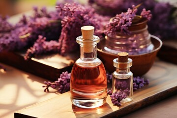 Obraz na płótnie Canvas Small Glass Bottles with Lavender Essential Oil and Fresh Flowers on Wooden Table. Organic Skincare Products for Aromatherapy and Herbal Medicine Concept. Spa Background with Copy Space.