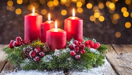 christmas card christmas candle decoration advent wreath with four red burning candles